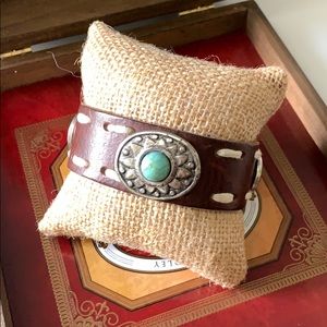 Indian Sliver Turquoise Brown Leather Bracelet